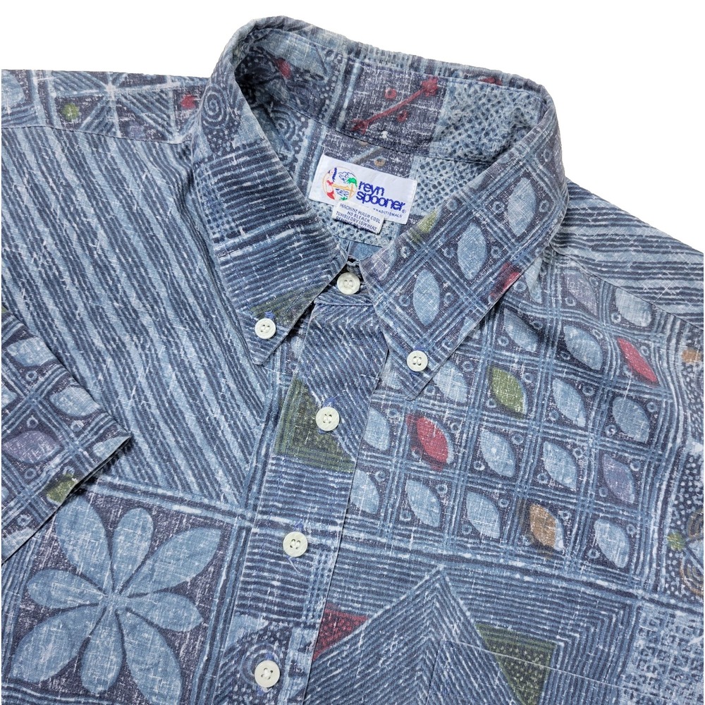 Vintage Reyn Spooner Mens Large Gray Pattern Block Button Down Polo